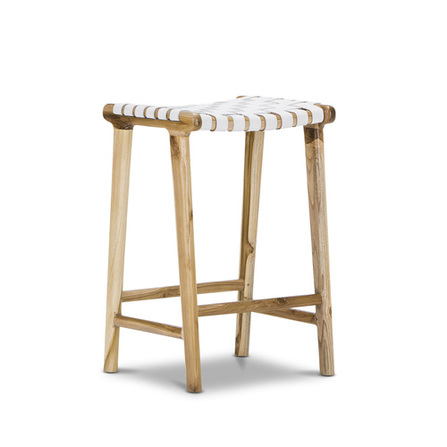 Lazie 66cm Leather Strapping Bar Stool, Teak & White