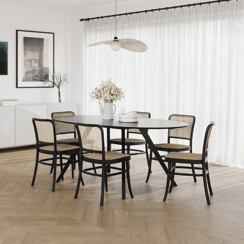 Carol 7 Piece Black Dining Set with Prague Rattan Bentwood Chairs